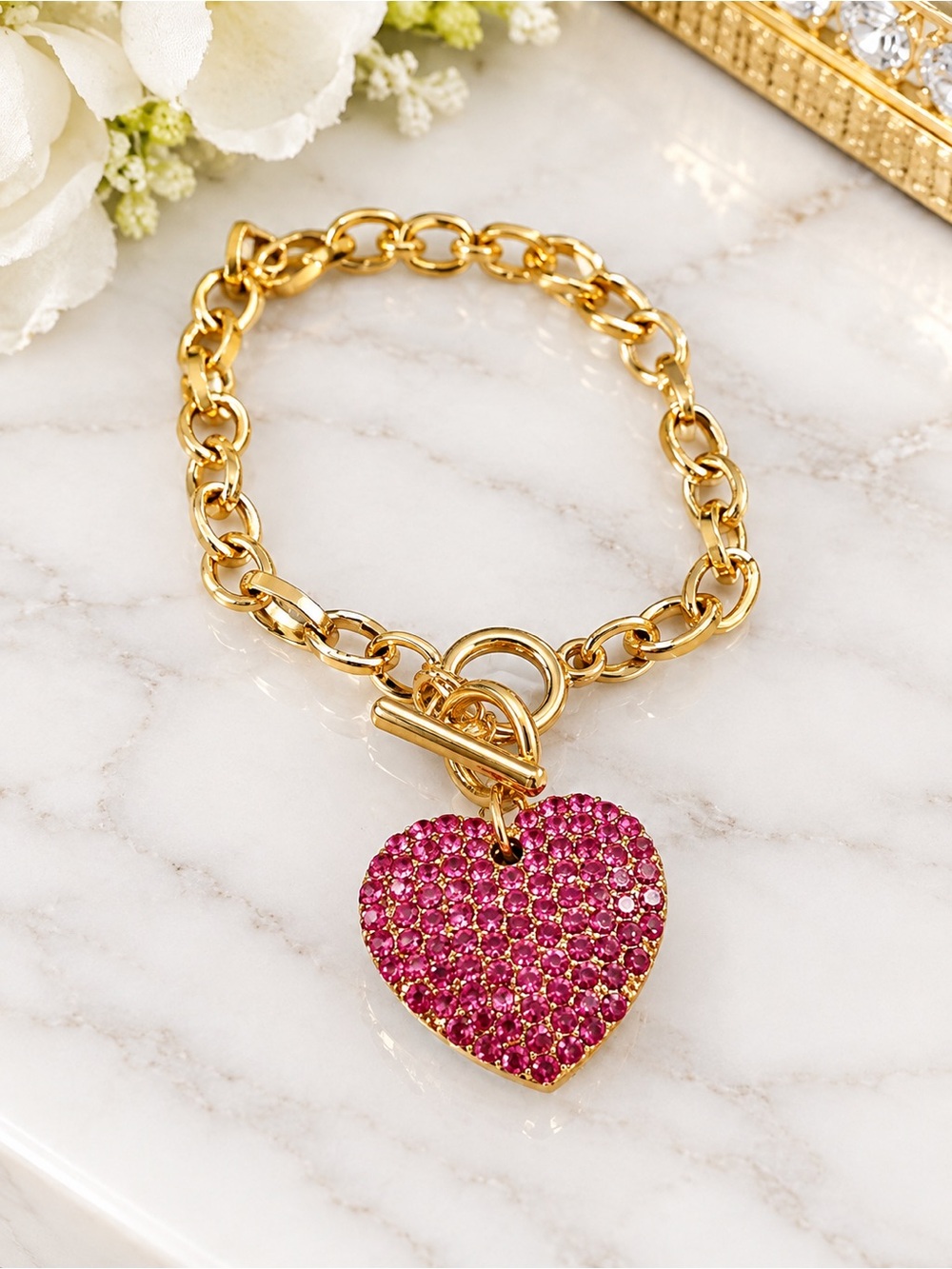 Gold Chain Bracelet with Pink Crystal Heart Charm